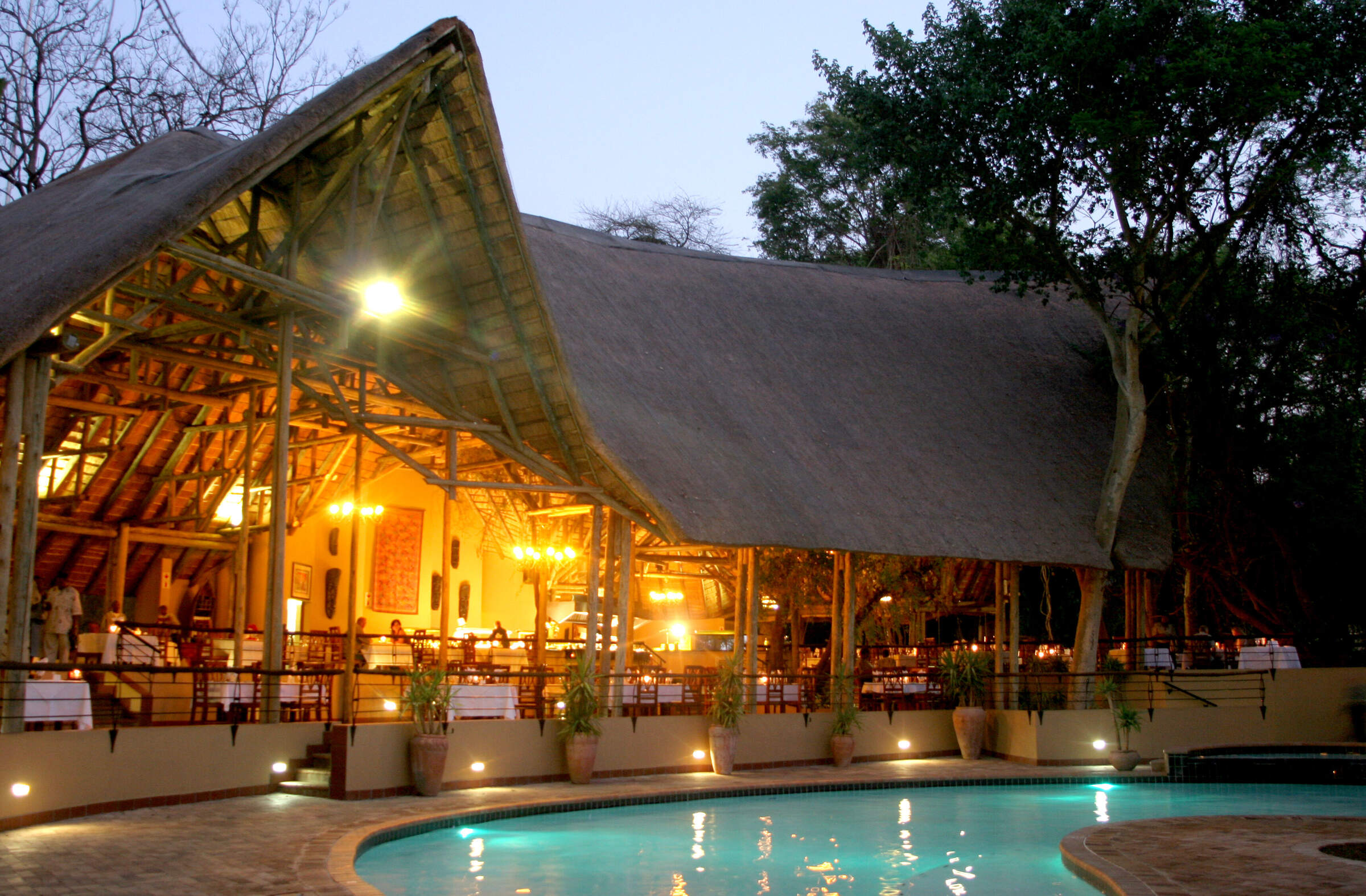 The restaurant at Chobe Safari Lodge in Kasane, an hour away from Victoria Falls, Zimbabwe